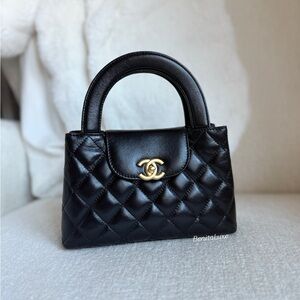 CHANEL Nano Top Handle Bag Black Calfskin Brushed Gold Hardware Crossbody Kelly